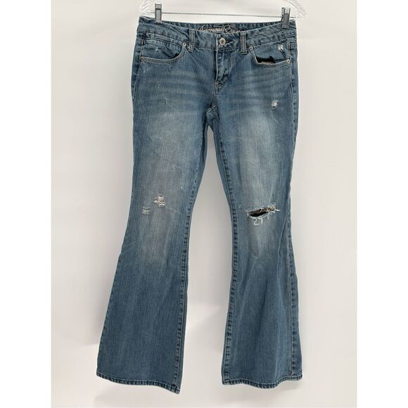 American Eagle Jeans Real‎ Flare Distressed Women Size 6 Blue Mid Rise - Picture 1 of 10